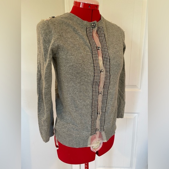 Anthropologie Gray Wool Cashmere Houndstooth Trimmed Cardigan - Picture 4 of 11